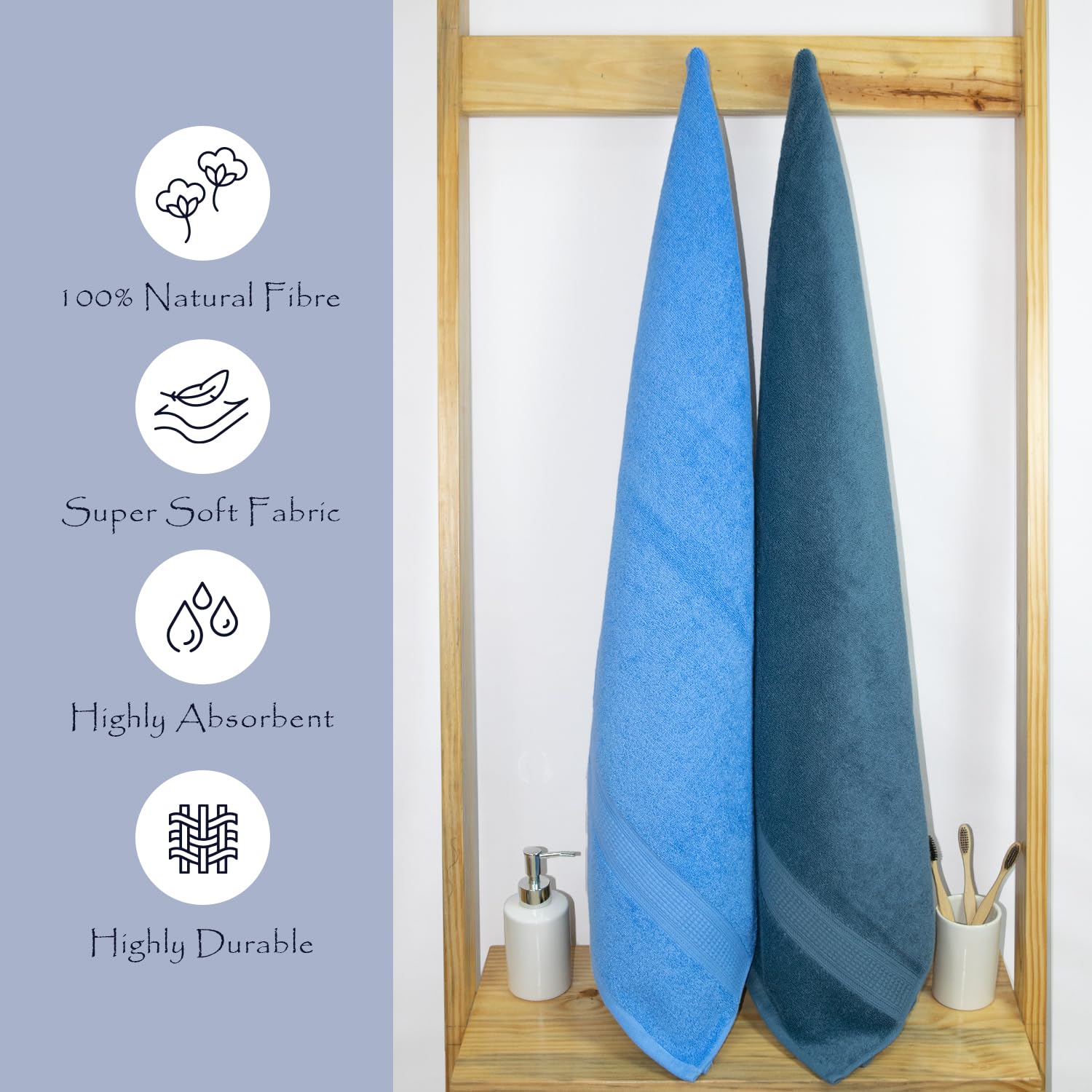 Rangoli 100% Cotton Fibre Bath Towel 1000 Gsm | Highly Durable & Super Absorbent Towel | Skin-Friendly & Quick Drying Luxury Towels (Sky Blue & Blue) - Pack Of 2