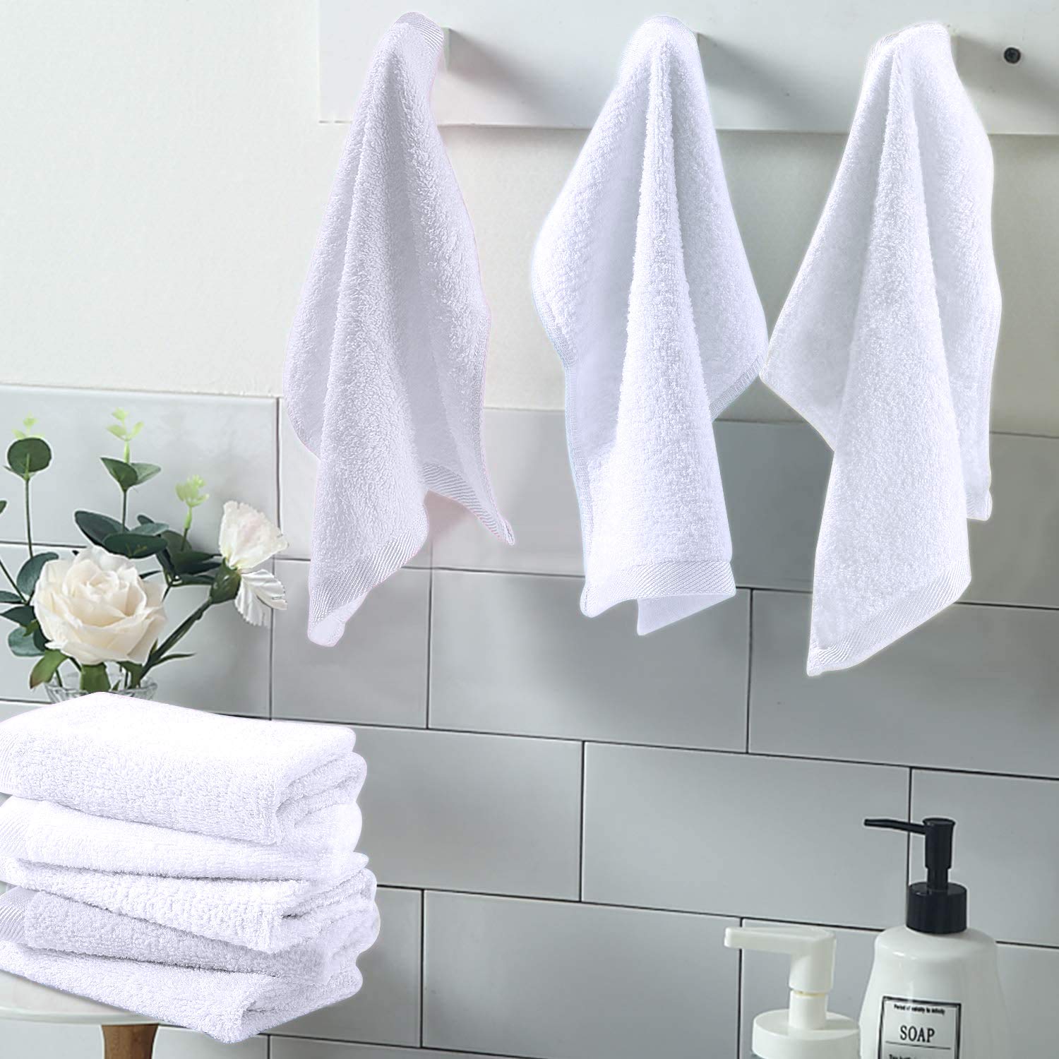 Mom Care Cotton Hand Towel 1800 Gsm | Soft Reusable Napkins Good Water Absorbency Soft & Fluffy Cotton Towel (White) - 12 Pcs