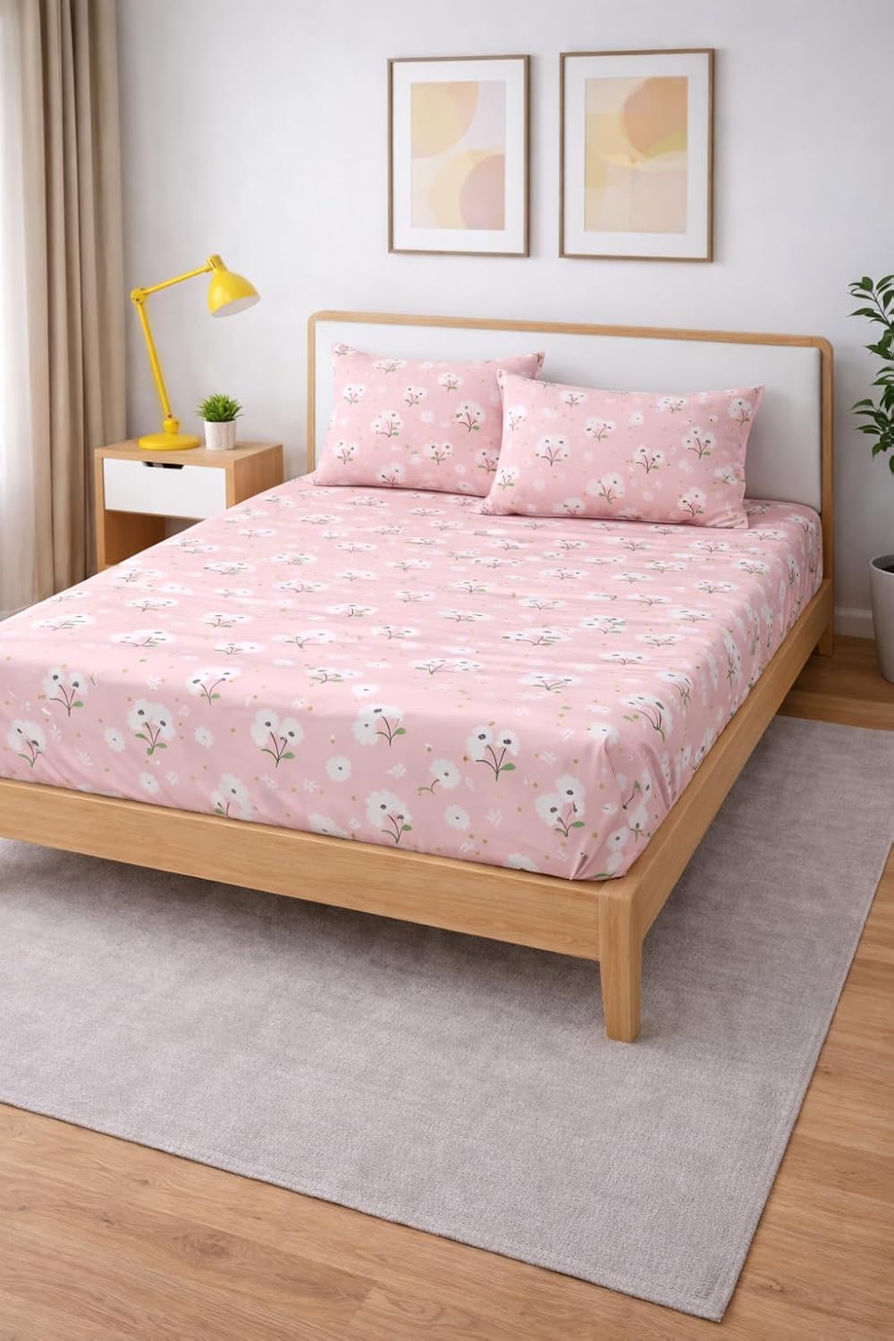 Bedsheet King Size With 2 Pillow Covers (72 X 78 Inches) Pink & White | Double Bed With All Around Elastic Fitted - Durable & Long Lasting Wrinkle Resistant Fabric