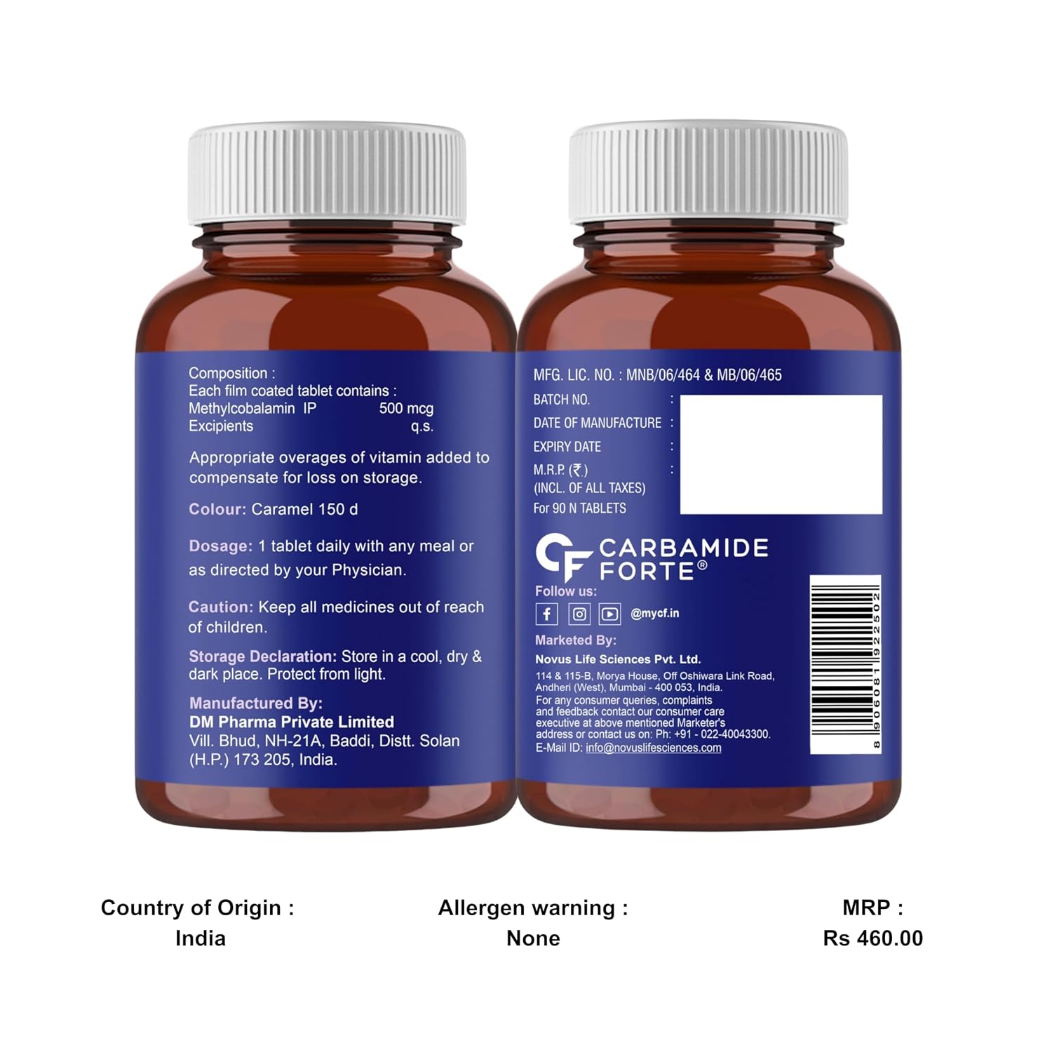 Carbamide Forte Vitamin B12 Supplements 500mcg , Active Form Of Methylcobalamin B12 Supplement For Men & Women | 90 Veg Tablets , 150gm 0.3lbs