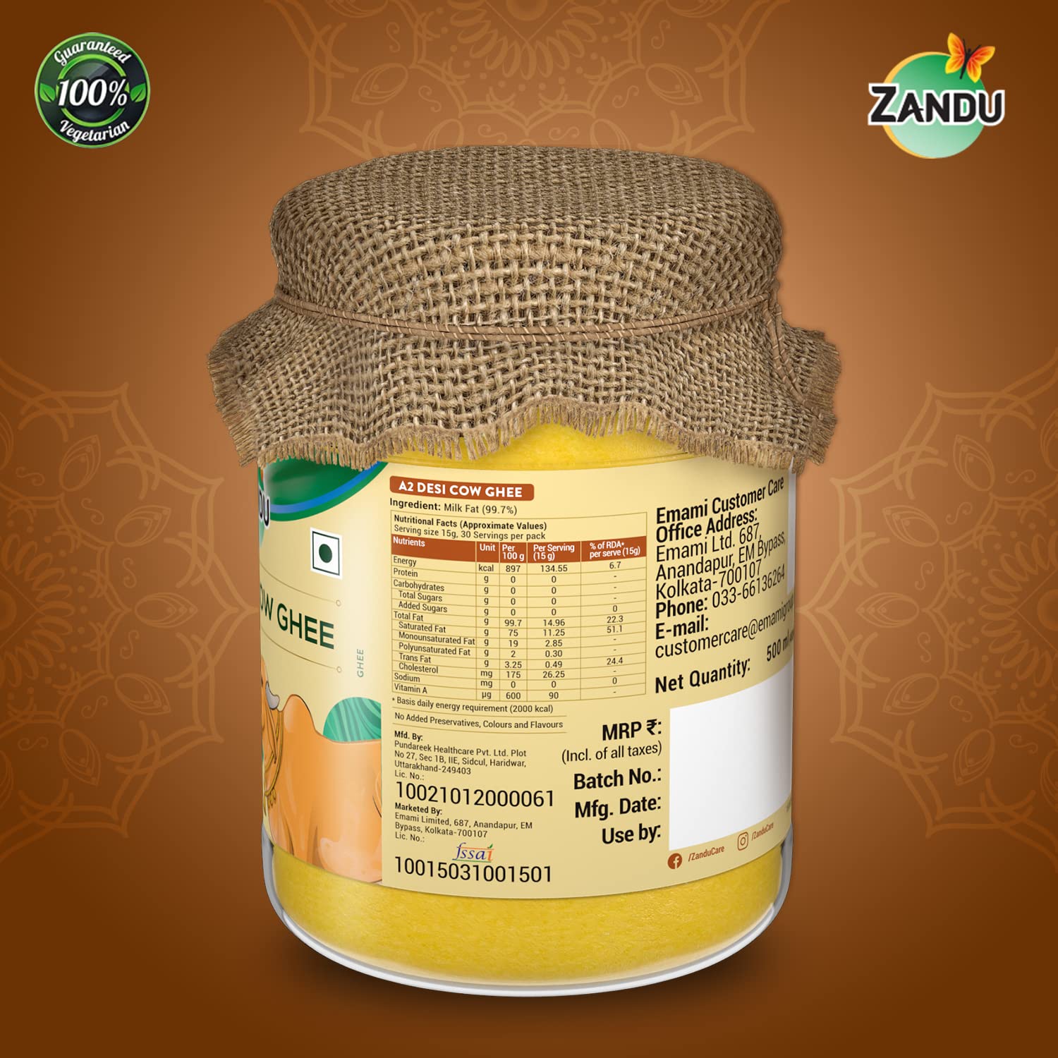 100% Pure A2 Desi Cow Ghee By Zandu | Healthy Desi Ghee Helps In Building Bone Strength & Improves Stamina | (500ml) 16.9 Ounce | Jar Pack