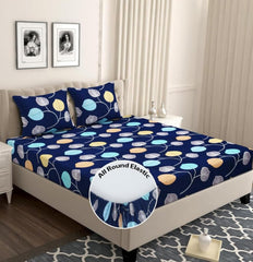 Cotton All Round Elastic Fitted Bedsheets For Double Bed With 2 King Size Pillow Covers | Size-72 X 78 +10 Inches, Blue Teal - Lightweight, Soft, & Comfortable Bedsheet