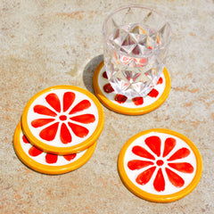 Studio Pottery Ceramic Coasters Set Of 4 - Red & Yellow | Dining Table Coasters - Bar Accessories