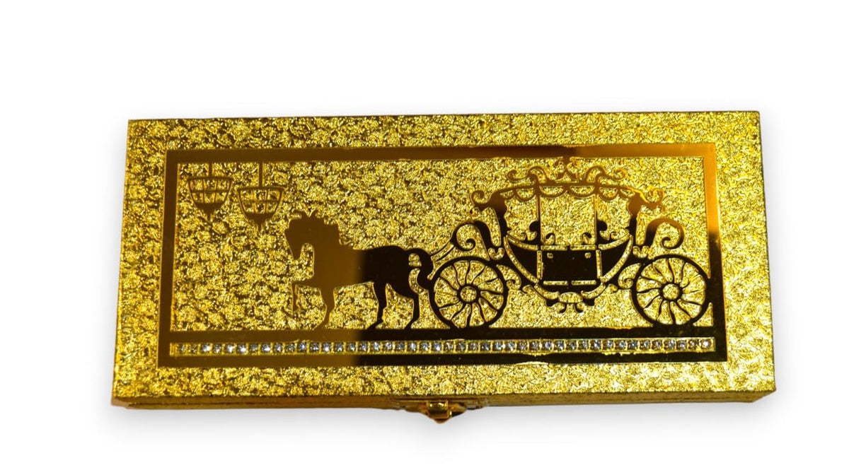 Premium Decorative Designer Mdf Golden Gifting Cash Box, Shagun Box, Jewellery Box, Money Box, Gaddi Box 20x8.5x4cm, Embossed Horse, Pack Of 1, Material - Wood