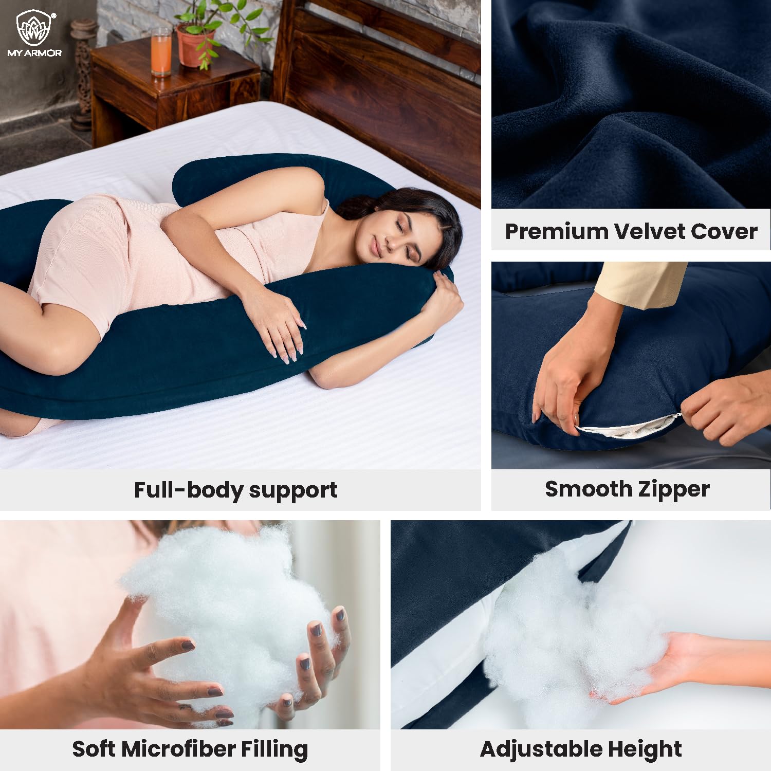 Full Body C Shape Pregnancy Pillow For Women, Maternity Pillow, Navy Blue | Pillow Gift For Pregnancy Sleeping, Premium Velvet Cover With Zip | Adjustable, Relieves Pain, Multipurpose