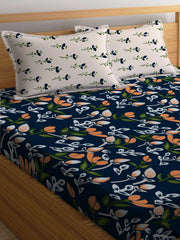 Double Bed Bedsheet With 2 Pillow Covers - 72 X 78 X 10 Inches, Navy Blue & Beige | Elastic Fitted Printed King Size Bedsheet | Soft, Breathable & Wrinkle-Free