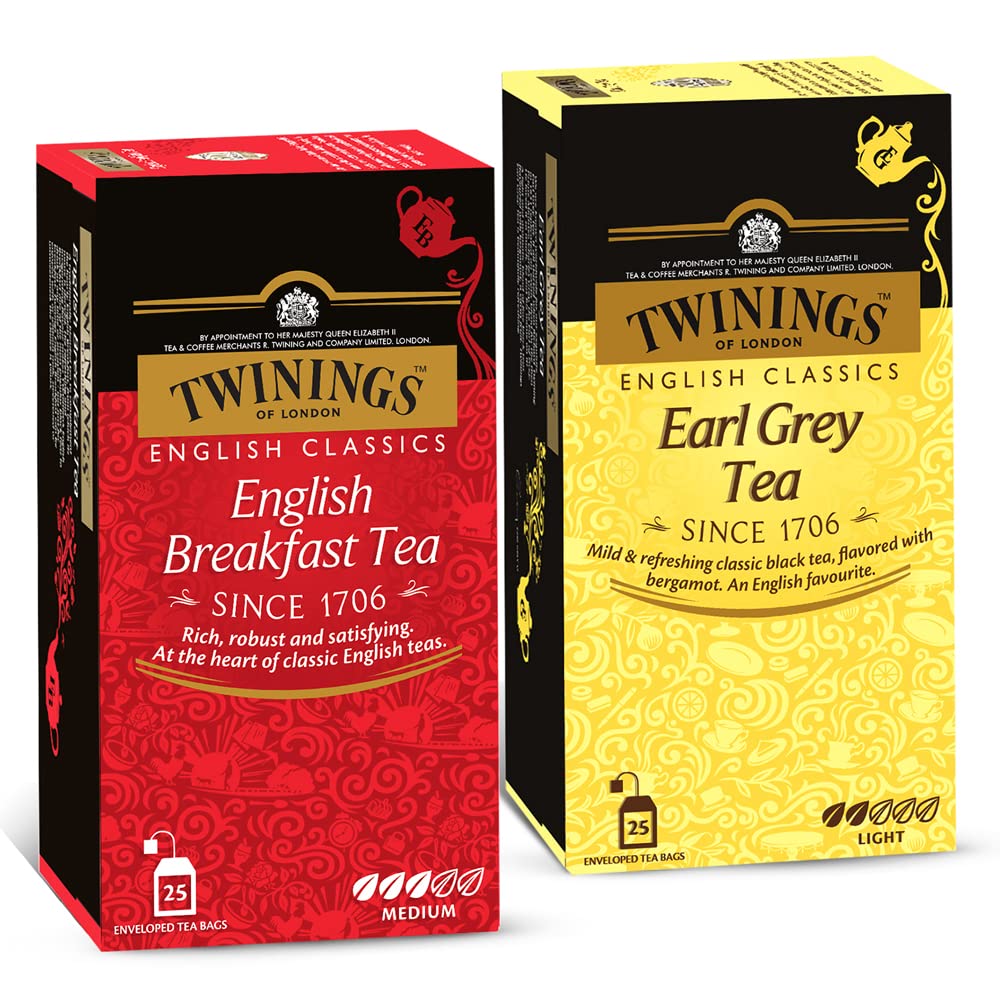 Twinings Black Tea Super Saver Combo Pack - English Breakfast Tea + Earl Grey Tea | Pack Of 2 X 25 Enveloped Tea Bags, 100gm, 3.5 Ounce