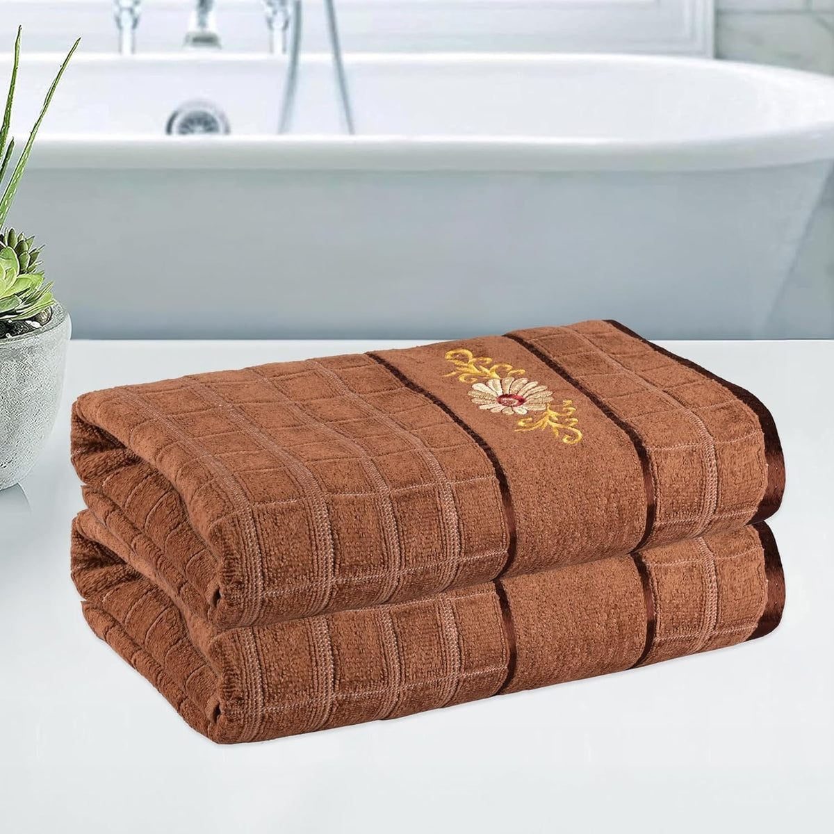 Kuber Industries Cotton Bath Towel 1000 Gsm | Workout Gym Napkins Bath Towel For Men & Woman Embroidery Silky Velvet Towel -Brown (Pack Of 2)