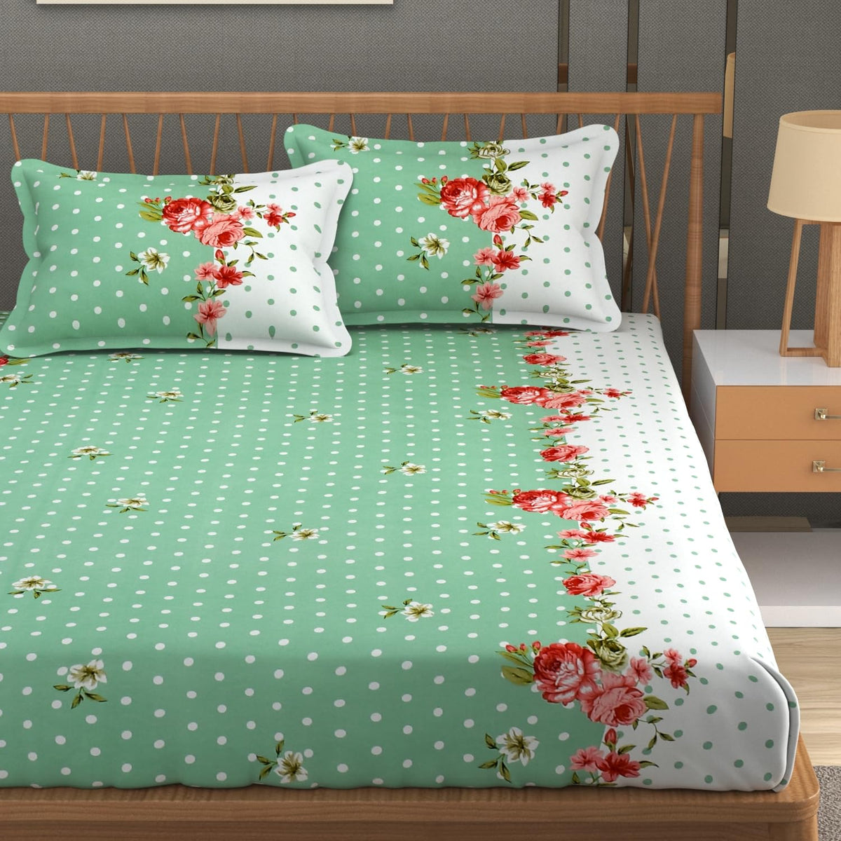 Premium Heavy Cotton Elastic Fitted King Size Bedsheet With 2 Pillow Covers - 72 X 78 X 10 Inches, Green & White | All Weather Comfort & Bedroom