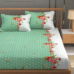 Premium Heavy Cotton Elastic Fitted King Size Bedsheet With 2 Pillow Covers - 72 X 78 X 10 Inches, Green & White | All Weather Comfort & Bedroom