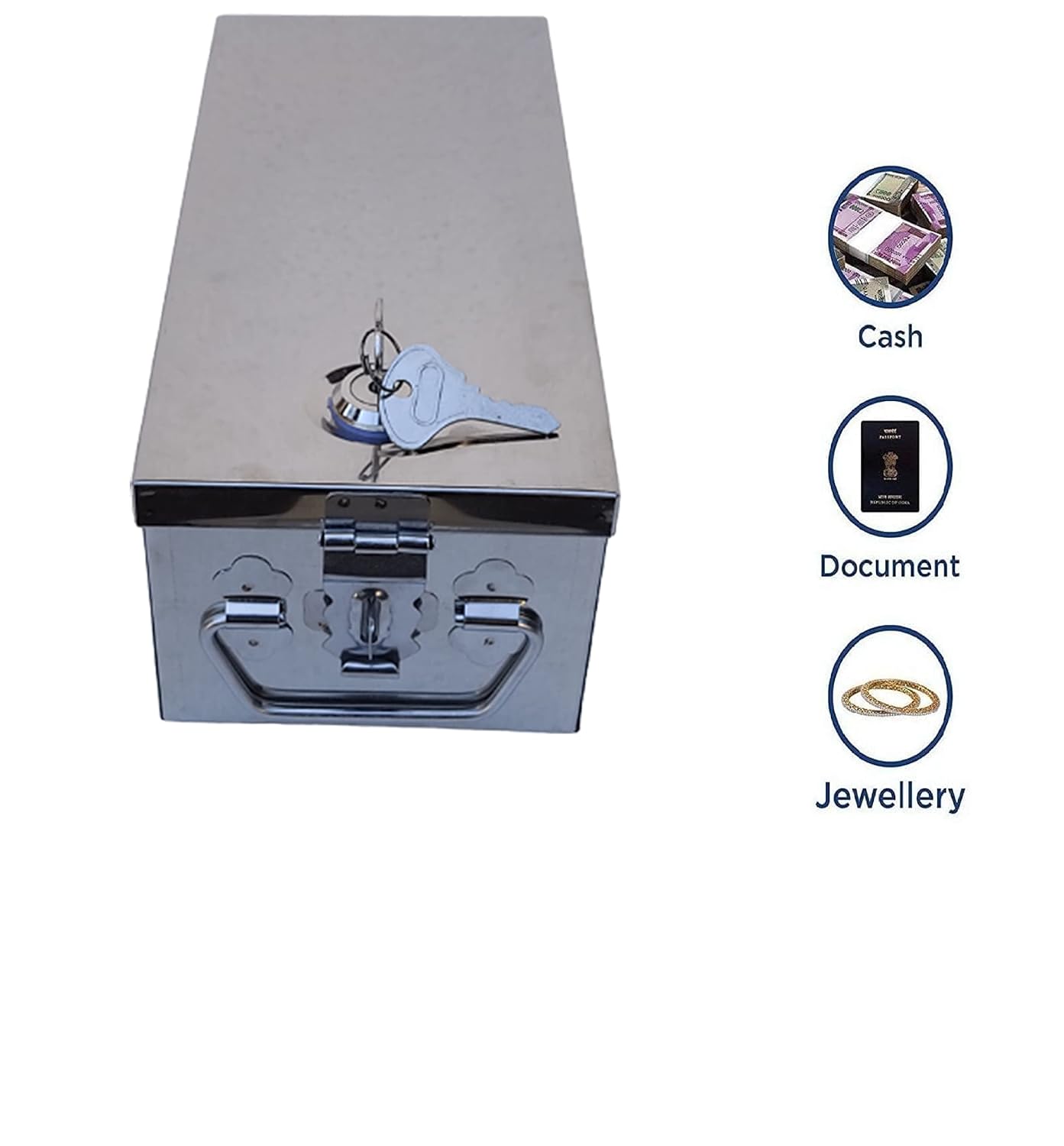 Stainless Steel Locker Boxes, Jewellery Boxes, Check Book Box, Cash Box, Bank Locker Box, Peti Size - 10 Inch Cash Box L-26.5cm, W-11cm, H-8.5cm, With Pre Fited Lock & 2 Key, Feature - Portable