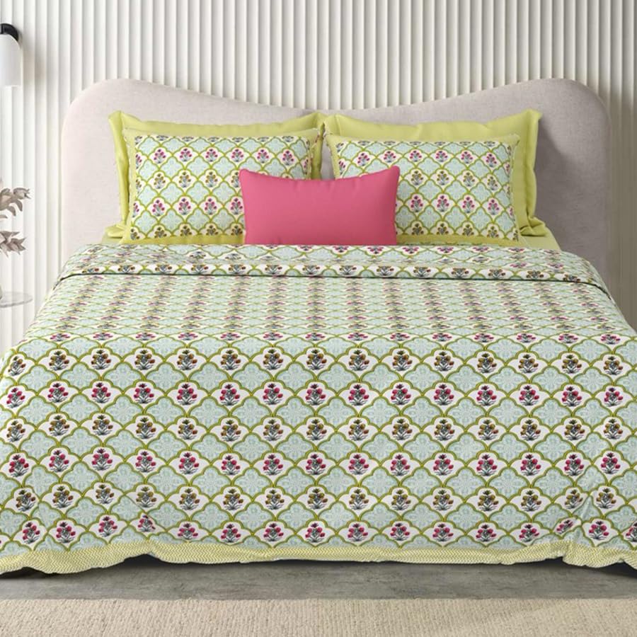 Double Bedsheet For King Size With 2 Matching Pillow Covers (90 X 108 Inches) Green & Pink | Pure Cotton Jaipuri Bedsheet | Cotton Bedsheet Is Suitable For All Seasons