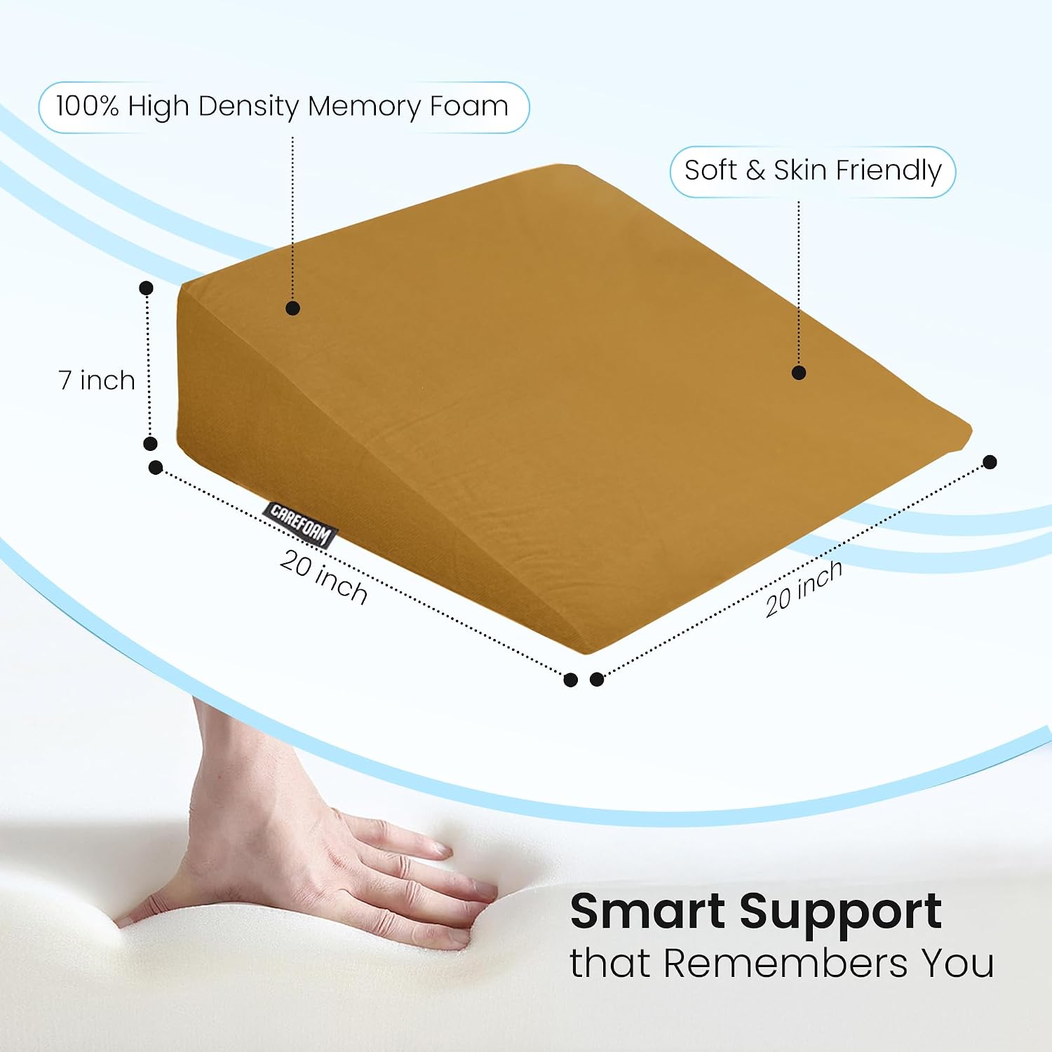 Wedge Pillow Memory Foam For Back Support, Tan, Wedge Medium Size - 20 X 20 X 7 Inch | Wedge Cushion Pillow, Acid Reflux, Snoring, Gerd, Leg Elevation, Pregnancy, Washable Cover