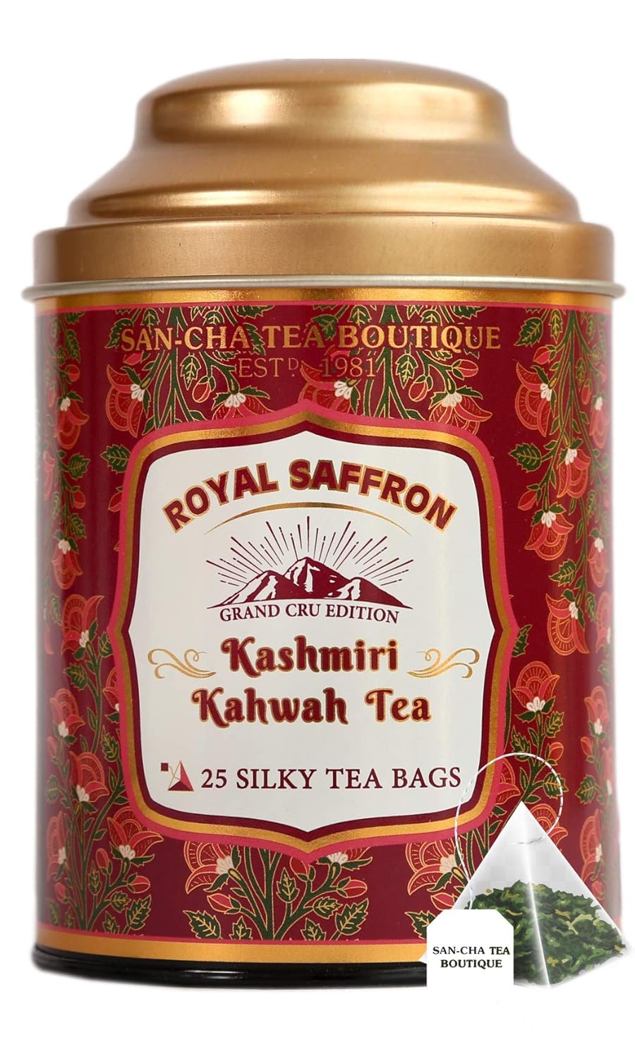 San-Cha Royal Saffron Kashmiri Kahwah Green Tea - 25 Silky Tea Bags | Blended With Real Kashmir Saffron & Almonds - Environment Friendly & Made In Corn Fiber | Low Caffeine