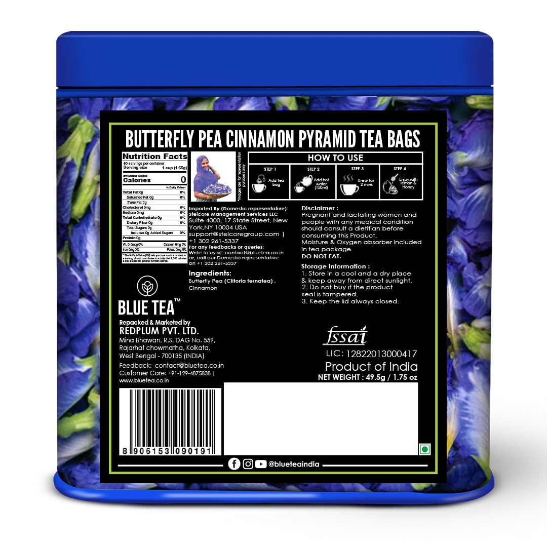 Blue Tea Butterfly Pea Flower Cinnamon Herbal Tea - 30 Pyramid Tea Bags | Supports Overall Health & Well Being - Caffeine Free, Non-GMO, Antioxidant-Rich