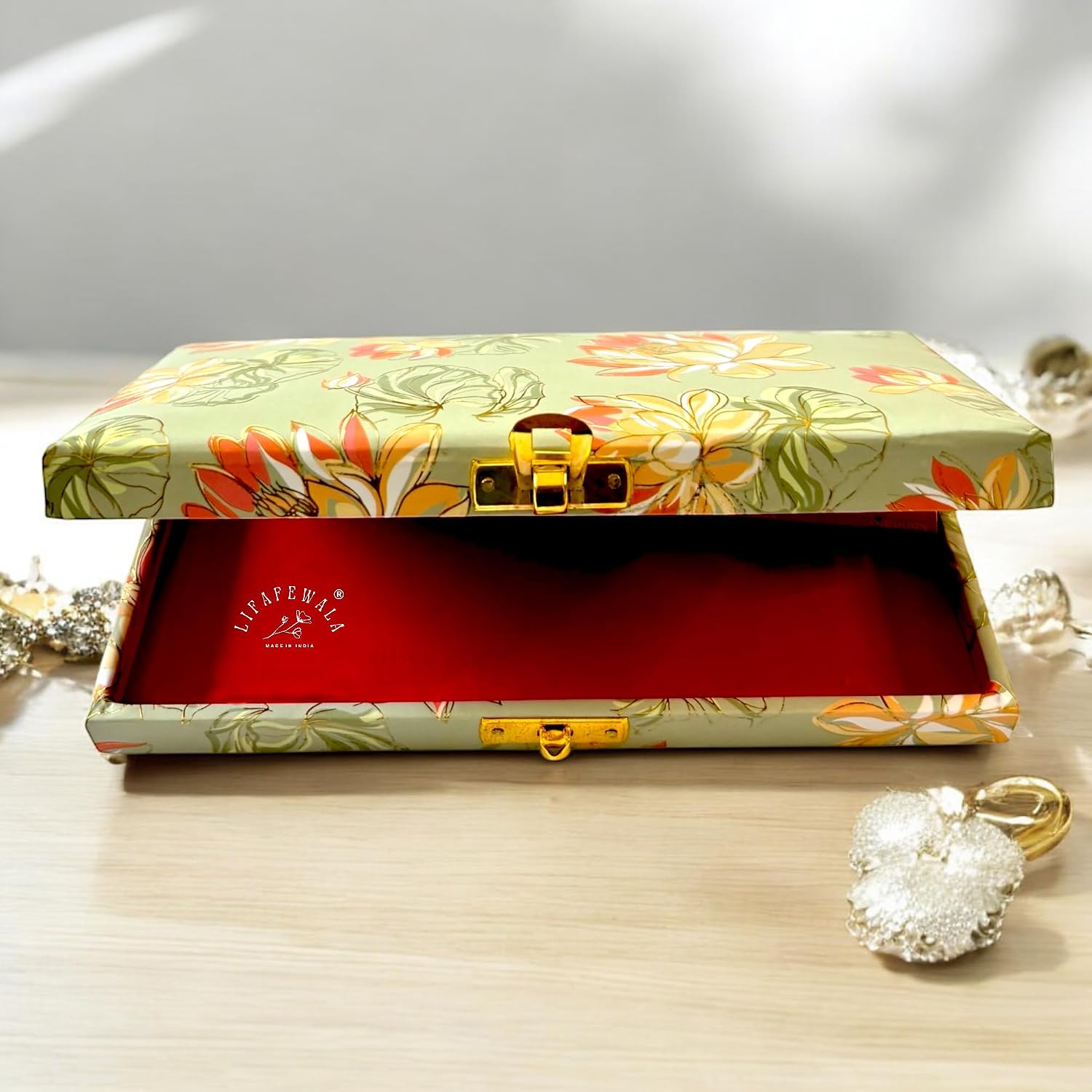 Rectangular Shaped Floral Design Cash Box, Shagun Box, Gift Box, Gaddi Box, Jewellery Box, Shagun Envelope In Floral Design, Colour - Pastel Green