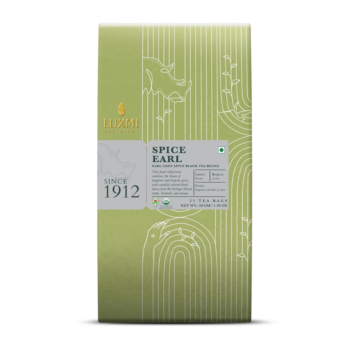 Luxmi Estates Spice Earl Grey Black Tea Blend - 50gm, 1.7 Ounce, 25 Tea Bags | USDA Certified Organic Tea - Caffeinated Herbal Tea | Made With Cinnamon, Cardamom, Cloves, Black Pepper