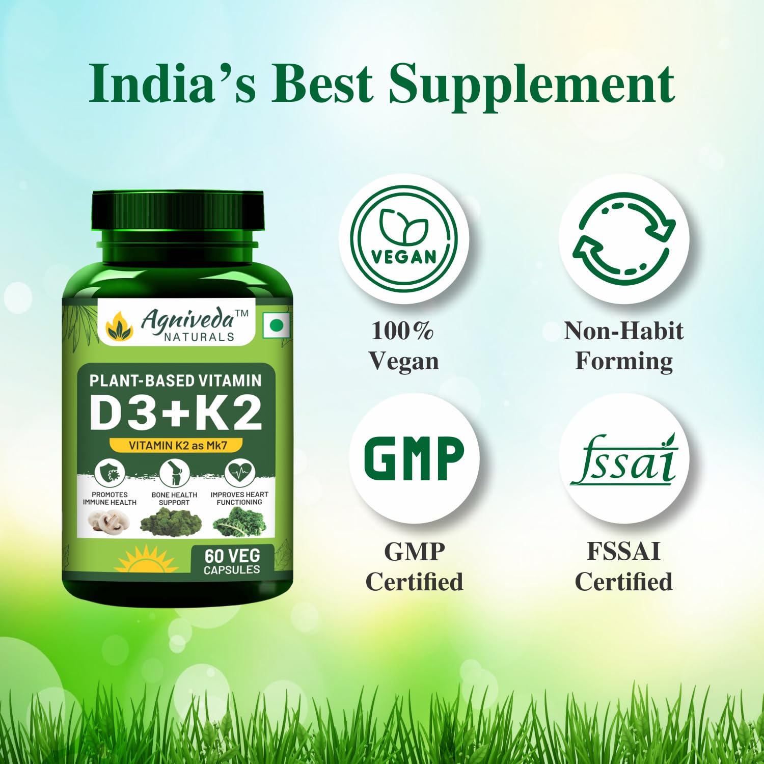 Agniveda Naturals Plant Based Vitamin D3 600 Iu + K2 As Mk7 Supplement | Supports Stronger Immunity & Bone & Heart, For Men And Women | 60 Veg Capsules , 100gm 0.2lbs