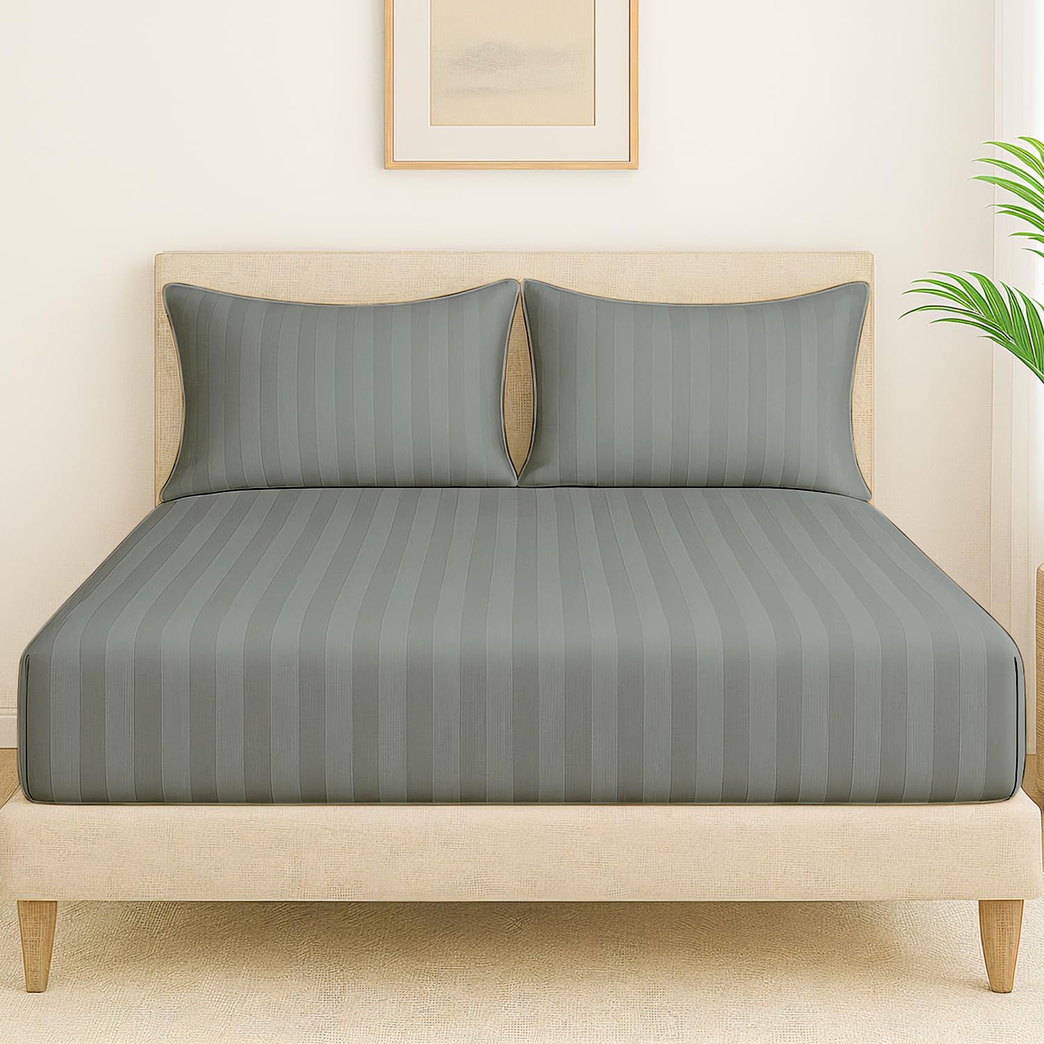 Elastic Fitted Bedsheet For Queen Size With 2 Pillow Covers | 60 X 78 Inches, Dark Grey - Soft & Comfortable Ideal For Guest Room, Hotel