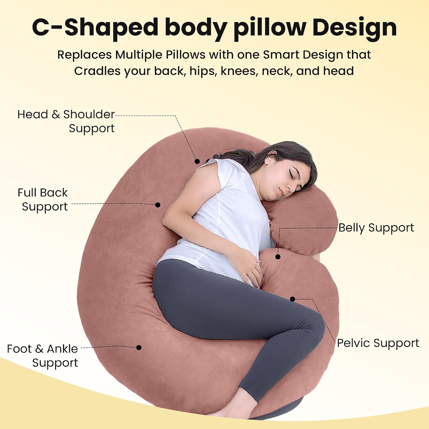 C Shape Full Body Pillow, Pregnancy Pillows For Sleeping, Soft Pillow, Peach | Maternity Pillows For Back, Hips, Legs, Belly | For Pregnant Women With Removable, Washable Peach Velvet Cover