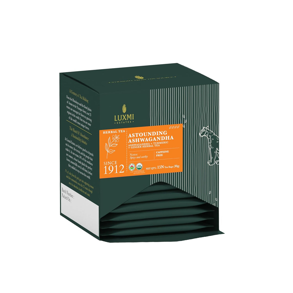 Luxmi Estates Astounding Ashwagandha Turmeric Ginger Herbal Tea Bags 30gm, 1.05 Ounce - 15 Tea Bags | Certified USDA Organic Herbal Tea Bags For Stress Support