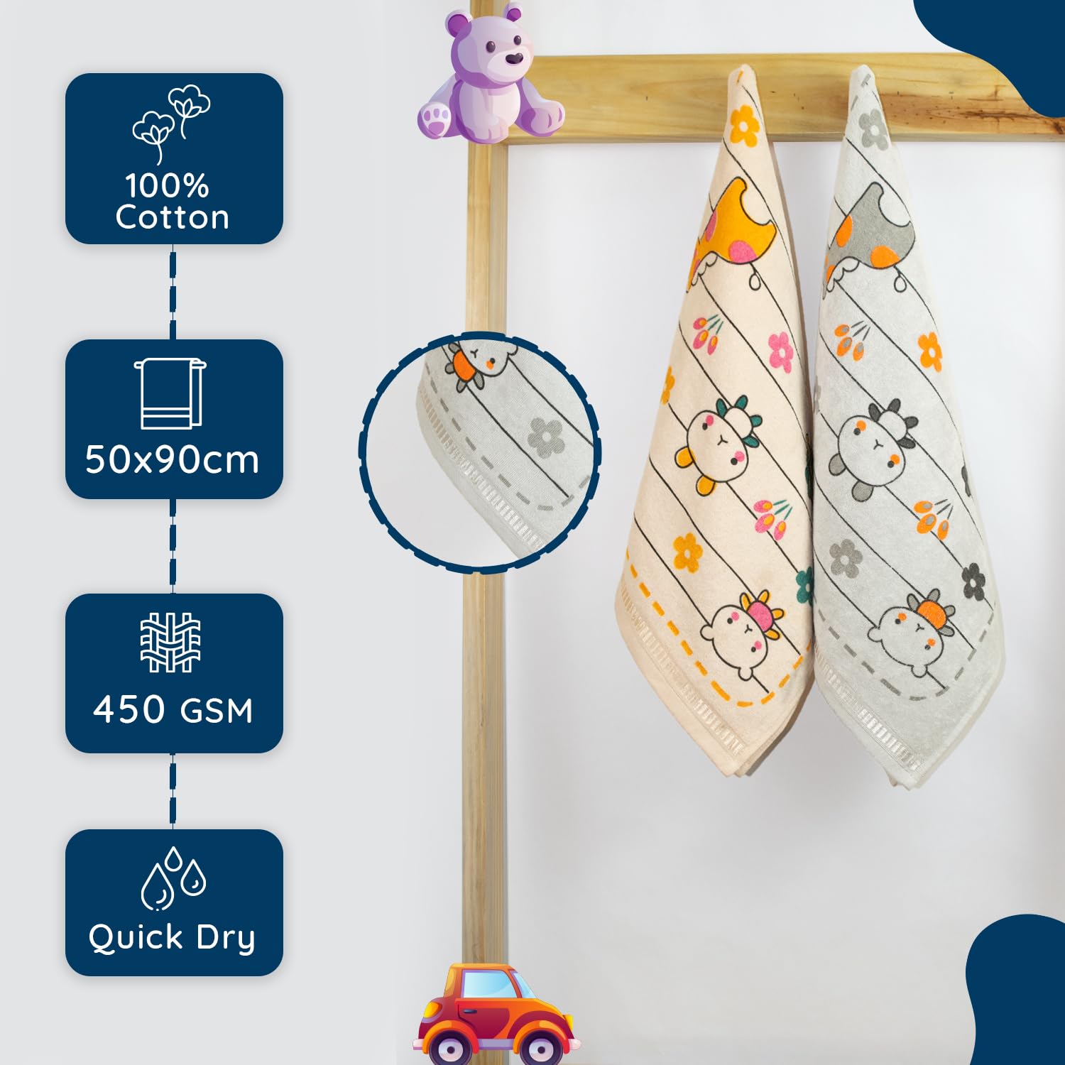 Rangoli 100% Cotton Baby Bath Towel 600 Gsm | Super Soft & Highly Absorbent, Anti-Bacterial, Multipurpose Towels (Light Grey & Light Beige) - Pack Of 2