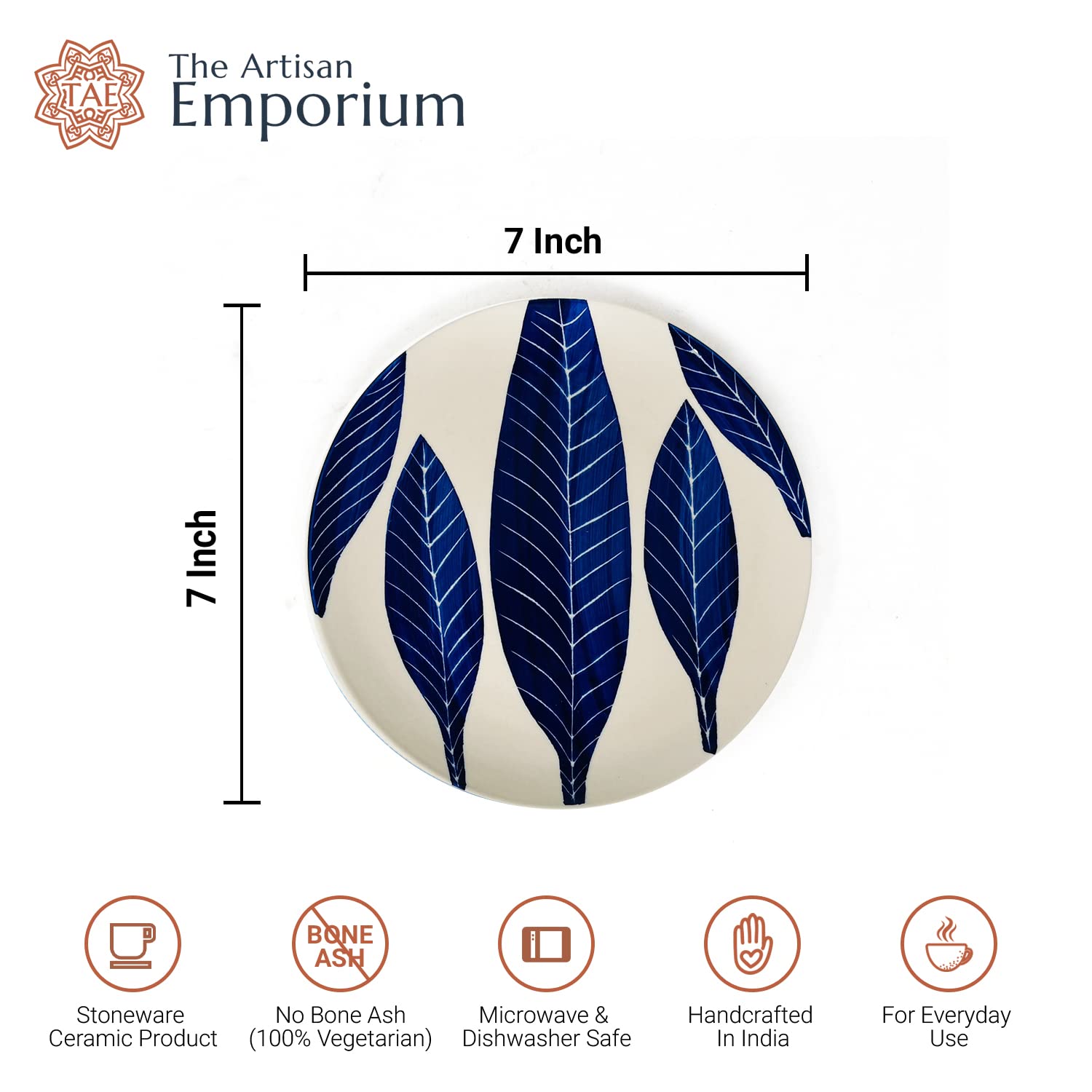 Patram Hand Painted Ceramic Quarter Plates Set Of 6 - White & Blue | Small Side Plates For Dinner & Snacks - 7 Inch, 6 Pieces, Microwave Safe