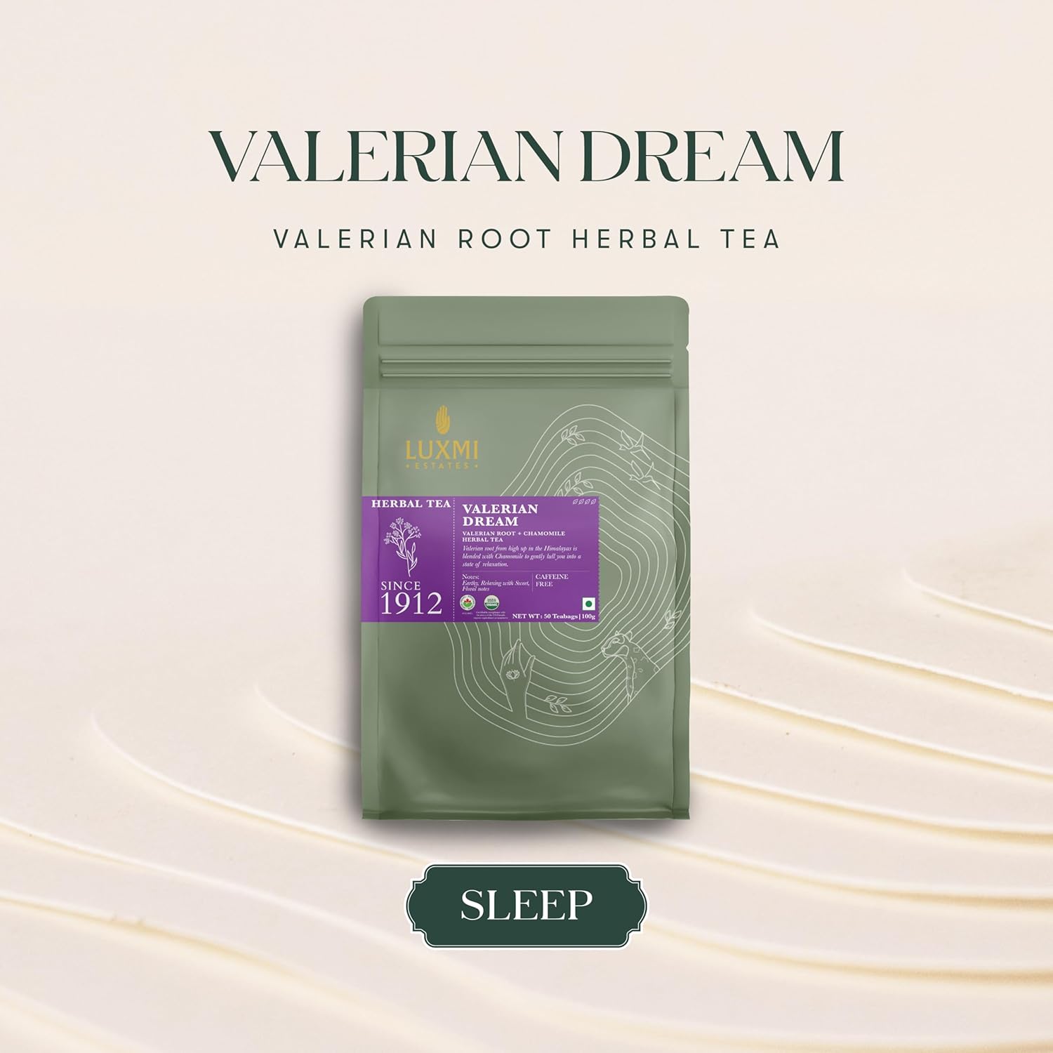 Luxmi Estates Valerian Dream Herbal Tea - 100gm, 3.5 Ounce, 50 Tea Bags | USDA Certified Organic Valerian Root + Chamomile Herbal Tea - Gluten Free, Caffeine Free Tea Bags