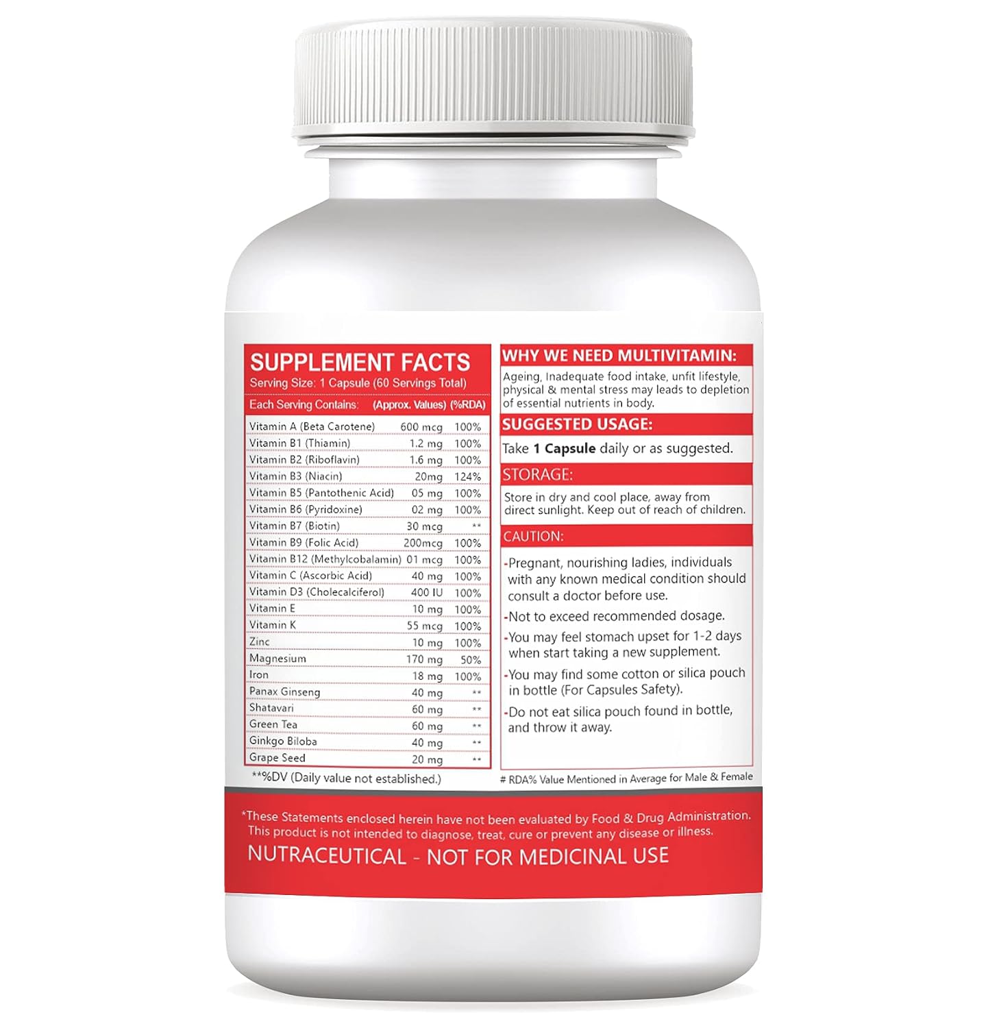 Saint Ayurveda Daily 21 Multivitamin For Men & Women With All 13 Vitamins, Minerals & 5 Powerful Herbs | 60 Capsules , 100gm 0.2lbs