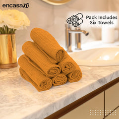 Encasa Xo Kitchen Hand Towels Set 150 Gsm | Waffle Weave & Flat Hand Towel | Quick Drying Reusable Cotton Washcloths | Set Of 6 (Gold)