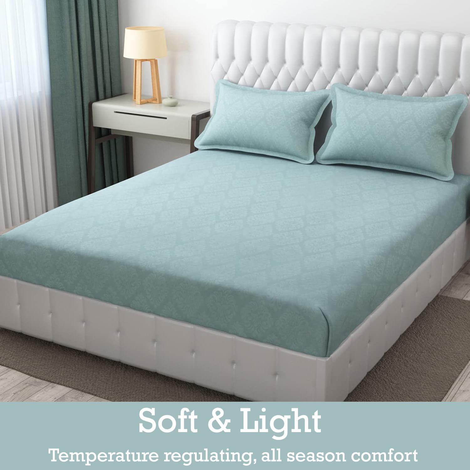 144 TC King Size Bedsheet With 2 Pillow Covers - 90 X 95 Inches | Light Sea Green, Damas Design Bedsheet | Machine Washable & Wrinkle Resistant