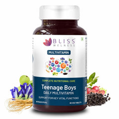 Bliss Welness Teenage Boy Multivitamin With Vitamin & Minerals, Brahmi, Shankpushpi, Ginseng & Ashwagandha Extract, For Strength, Immunity, Bone ,muscle Health | 60 Tablets , 100gm 0.2lbs
