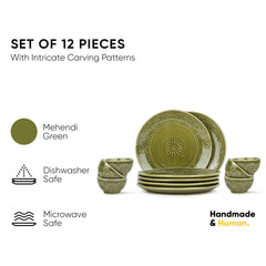 Ceramic Carving Dinner Set Of 12 Pcs, Mehndi Green | Crockery Set For Dining Table - Glossy Finish Premium Stoneware | 6 Dinner Plates + 6 Veg Bowls, 160ml Each