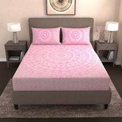 Handloom Printed Double Bedsheet For Queen Size With 2 Matching Pillow Cover | Size 90 X 100 Inches, Light Pink - Cotton Bedsheets For Double Bed | Soft & Smooth