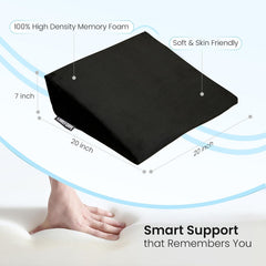 Wedge Pillow Memory Foam For Back Support, Black, Wedge Medium Size - 20 X 20 X 7 Inch | Wedge Cushion Pillow, Acid Reflux, Snoring, Gerd, Leg Elevation, Pregnancy, Washable Cover