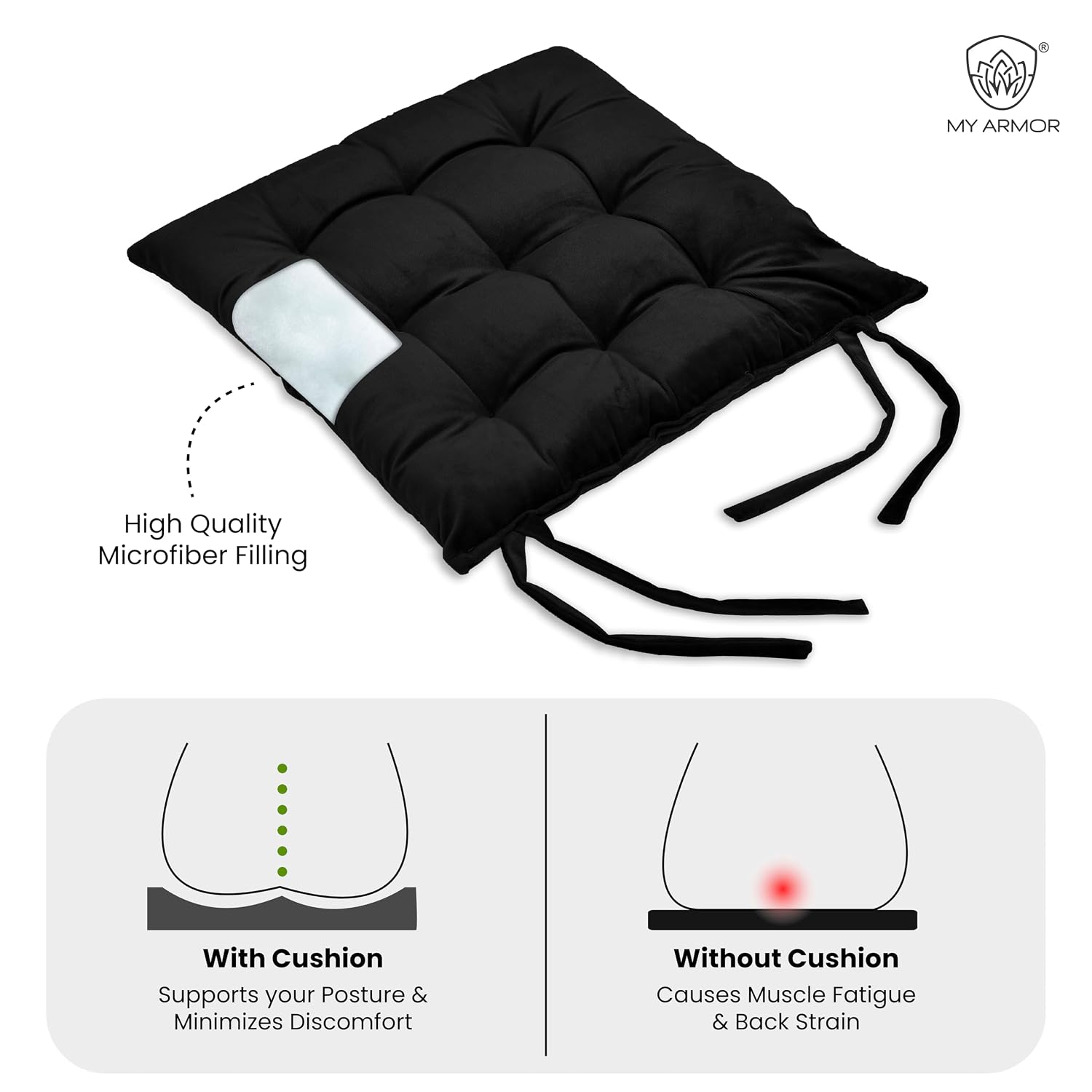 Square Chair Pads Cushion, For Comfortable Sitting, Black Color - 40 X 40 Cm | Seat Cushions With Ties For Sitting, Pooja, Dining & Office Table | Furniture Cushion, Washable - Pack Of 4