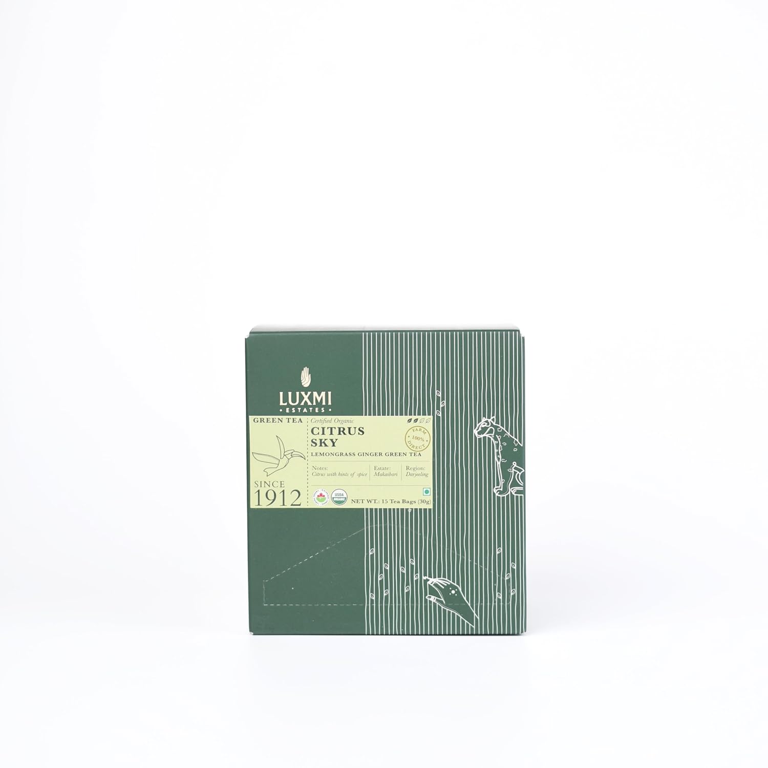 Luxmi Estates Citrus Sky Lemongrass Ginger Green Tea - 30gm, 1.05 Ounce, 15 Tea Bags | USDA Certified Organic Darjeeling Green Tea - Natural Lemon Balm Tea - Calming, Supports Digestion