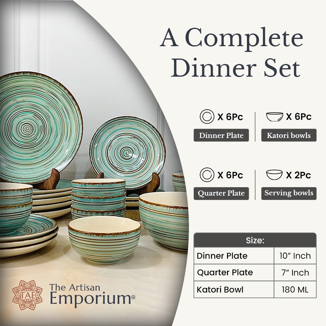 Iris Turquoise Hand Painted Ceramic Dinner Set Of 20 Pieces With Serving Bowls | 6 Dinner Plates + 6 Side Plates+ 6 Katori Bowls, 180ml Each + 2 Serving Bowls, 800ml Each | Serving For 6