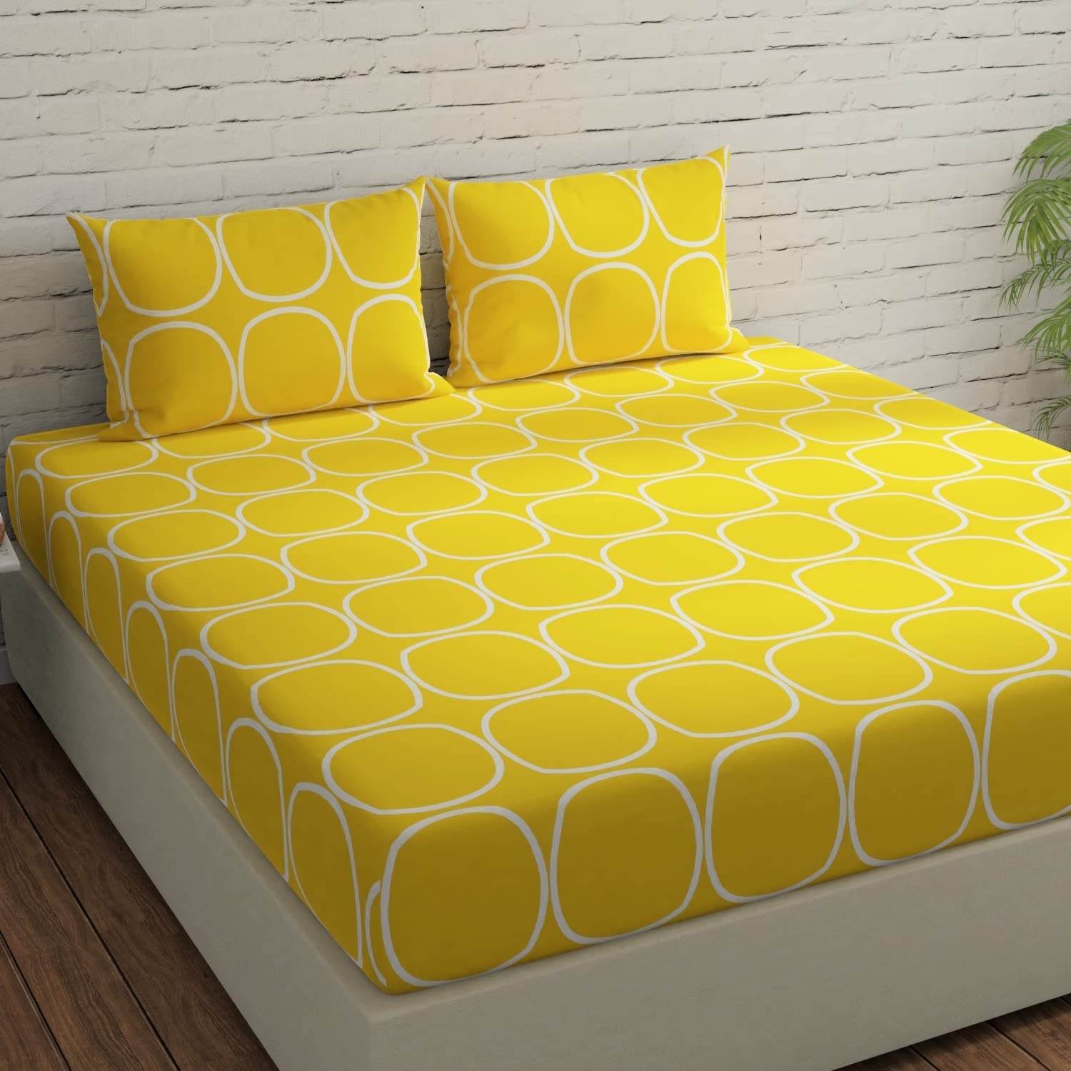 Double Bedsheet For Queen Size - 60 X 78 Inches, With 2 Pillow Covers, Yellow | All Around Elastic Fitted Bedsheet Set