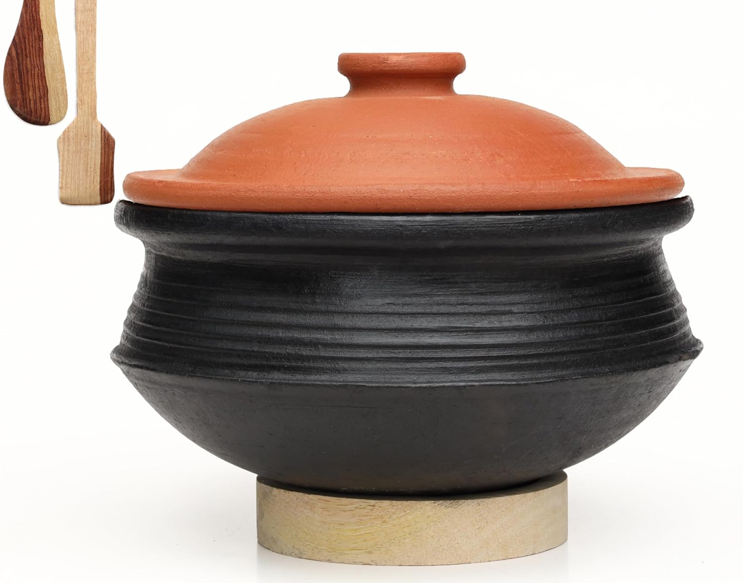 Deep Burned Uncoated Clay Biryani Pot With Lid Or Mitti Handi With 2 Wooden Spatulas Complimentary For Cooking & Serving - Black, 1 Liter | Pre-Seasoned Mud Pot - Unglazed, Double Fired, Hand Crafted