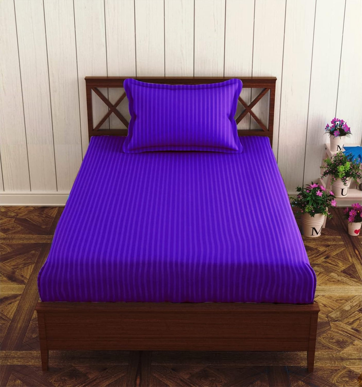 Elastic Fitted Cotton Single Bedsheet With One Matching Pillow Covers - 36 X 75 Inches, Dark Purple | Soft Touch, Comfortable & Breathable