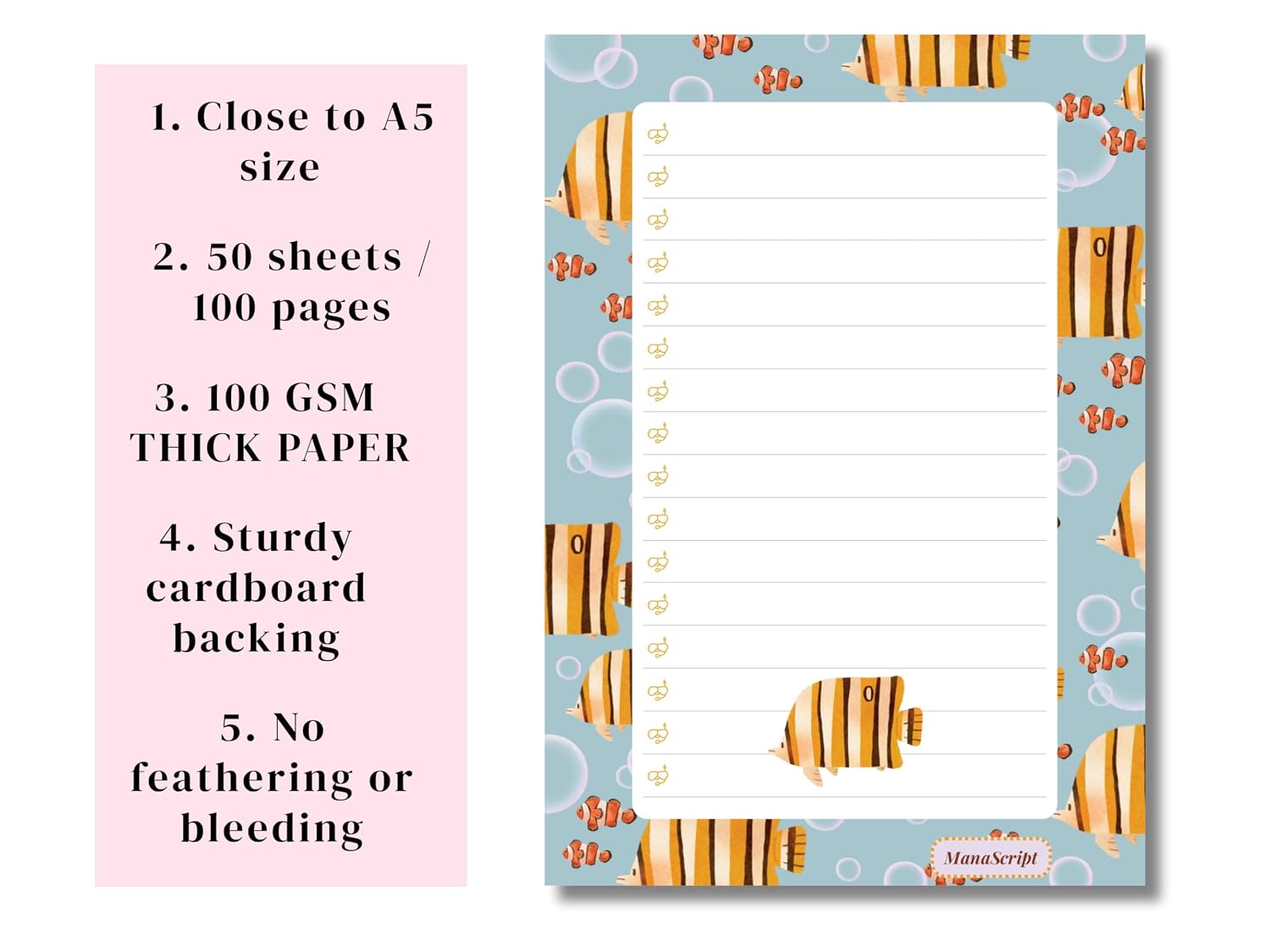 A5 Notes/To Do List Notepad, Beautiful Checklist Pad, Tear-Off Sheets (Fish) Pack Of 1
