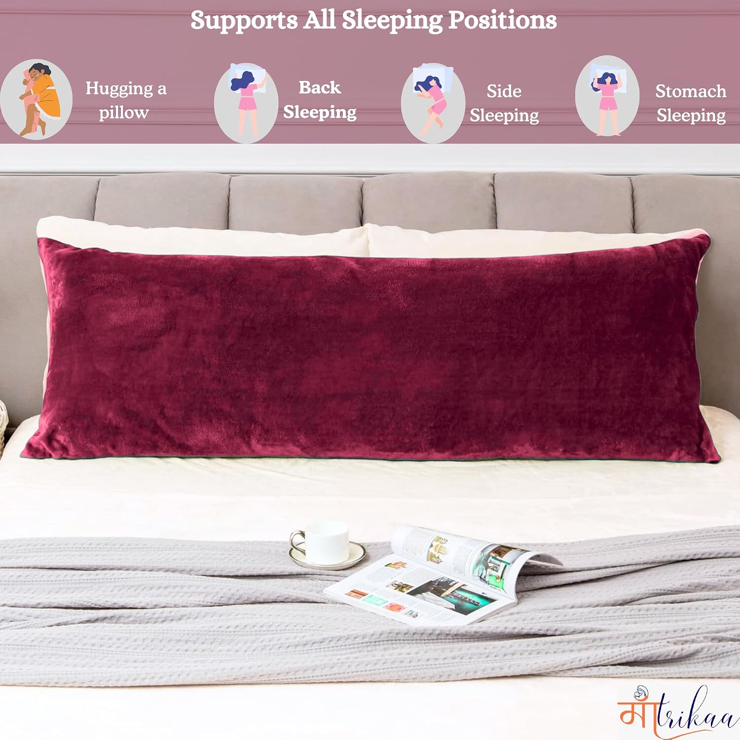 Full Body Pillow, Long Sleeping, For Side Sleeping Hugging, Cuddling, Maroon - 54 X 18 Inches | For Relaxing & Pregnancy Comfort, Velvet Pillow With Removable Cover, Adjustable Pillow