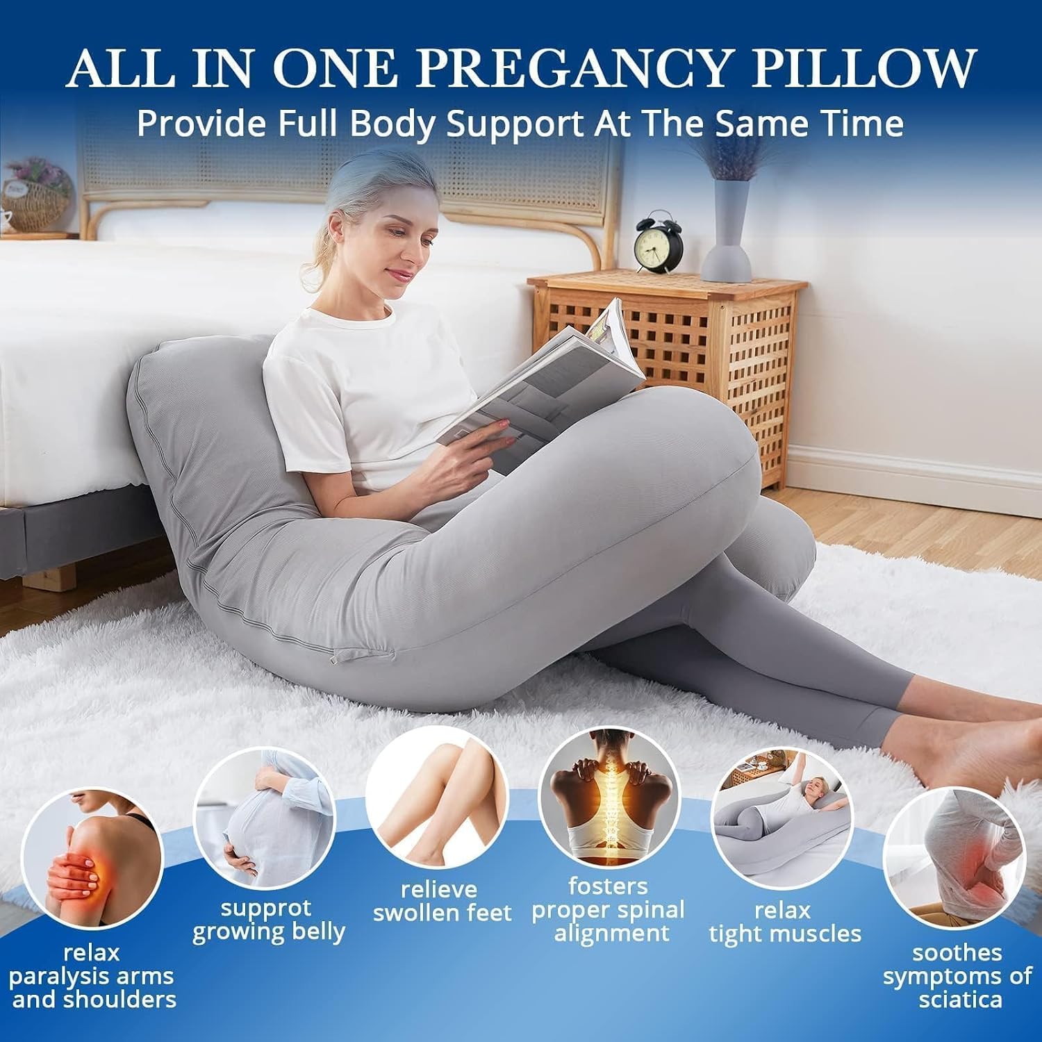 Cooling Pregnancy Pillows For Sleeping, U Shaped Full Body Pillow, Light Grey | Green Maternity Pillow For Pregnant Women, Pregnancy Must Haves | Machine Washable Cooling Cover