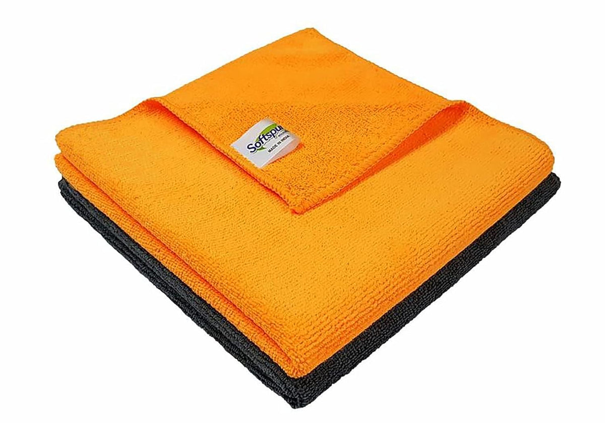 Softspun Microfiber Cleaning Cloths Towel Set 340 Gsm | Highly Absorbent Lint And Streak Free Multi-Purpose Wash Cloth For Kitchen, Car, Stainless (2 Pcs)- Orange & Grey