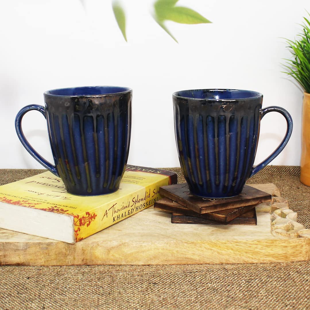 Handcrafted Midnight Blue Drip Ceramic Coffee Mug Set Of 2 - 350ml Each | Ceramic Mugs For Coffee, Tea, Milk - Microwave Safe & Dishwasher Safe