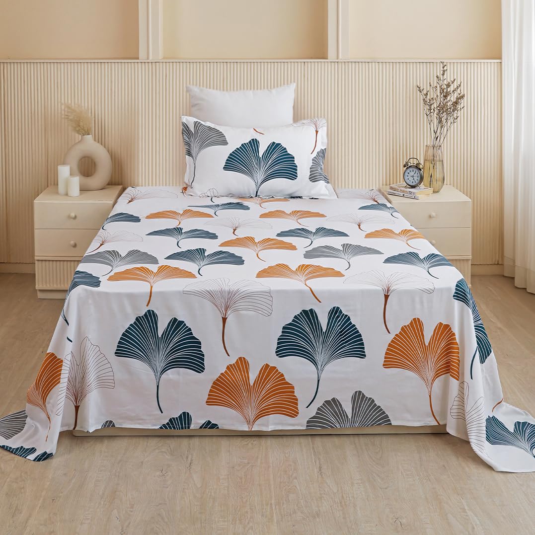 Luxurious Leaf Printed Flat Bedsheets With 1 Pillow Cover - 60 X 90 Inches, White & Grey | Breathable & Wrinkle Free | Soft & Durable