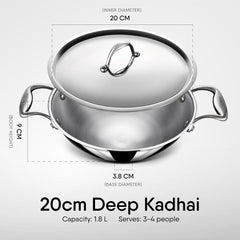 Artisan Triply Stainless Steel Round Bottom Kadhai With Lid 1.8 Liters, 20cm | Extra Deep Kadai