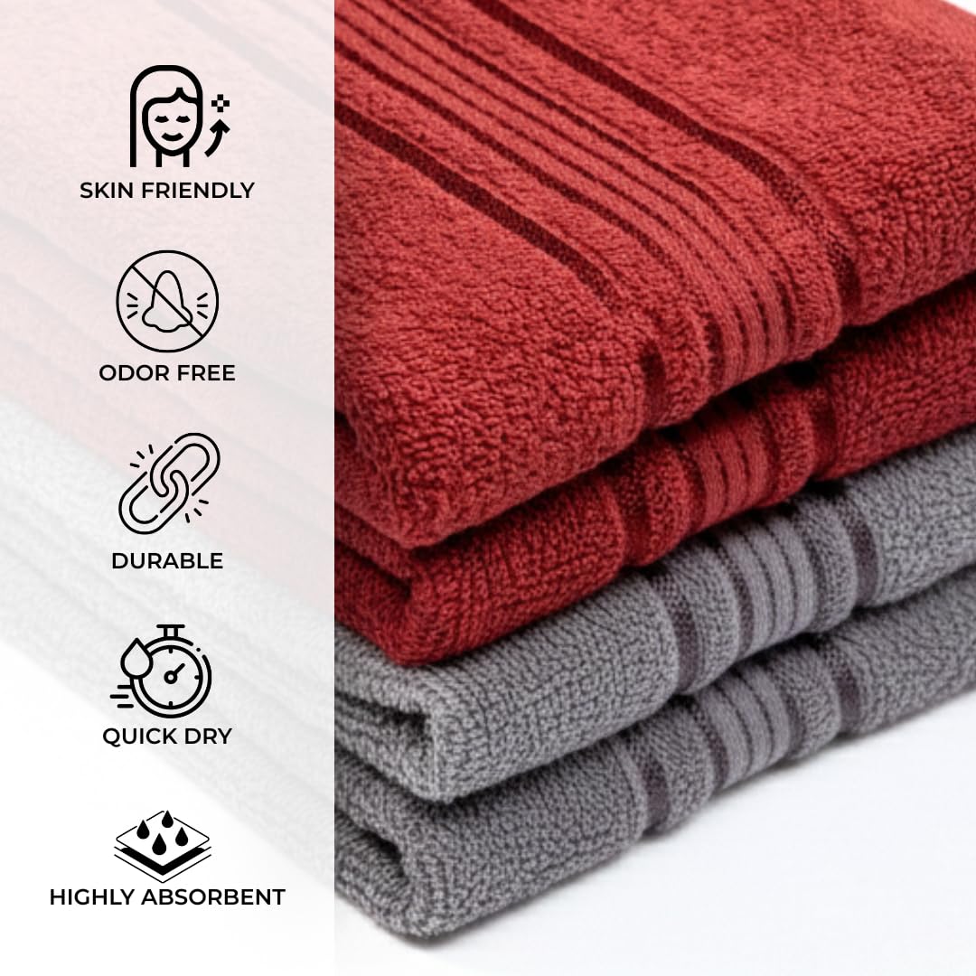 Akiko Home 100% Cotton Essential Series Hand Towels 800 Gsm | Soft, Absorbent & Durable, Cotton Hand Towel For Bathroom Use, Gentle On Skin- Pack Of 4 (Maroon & Grey)