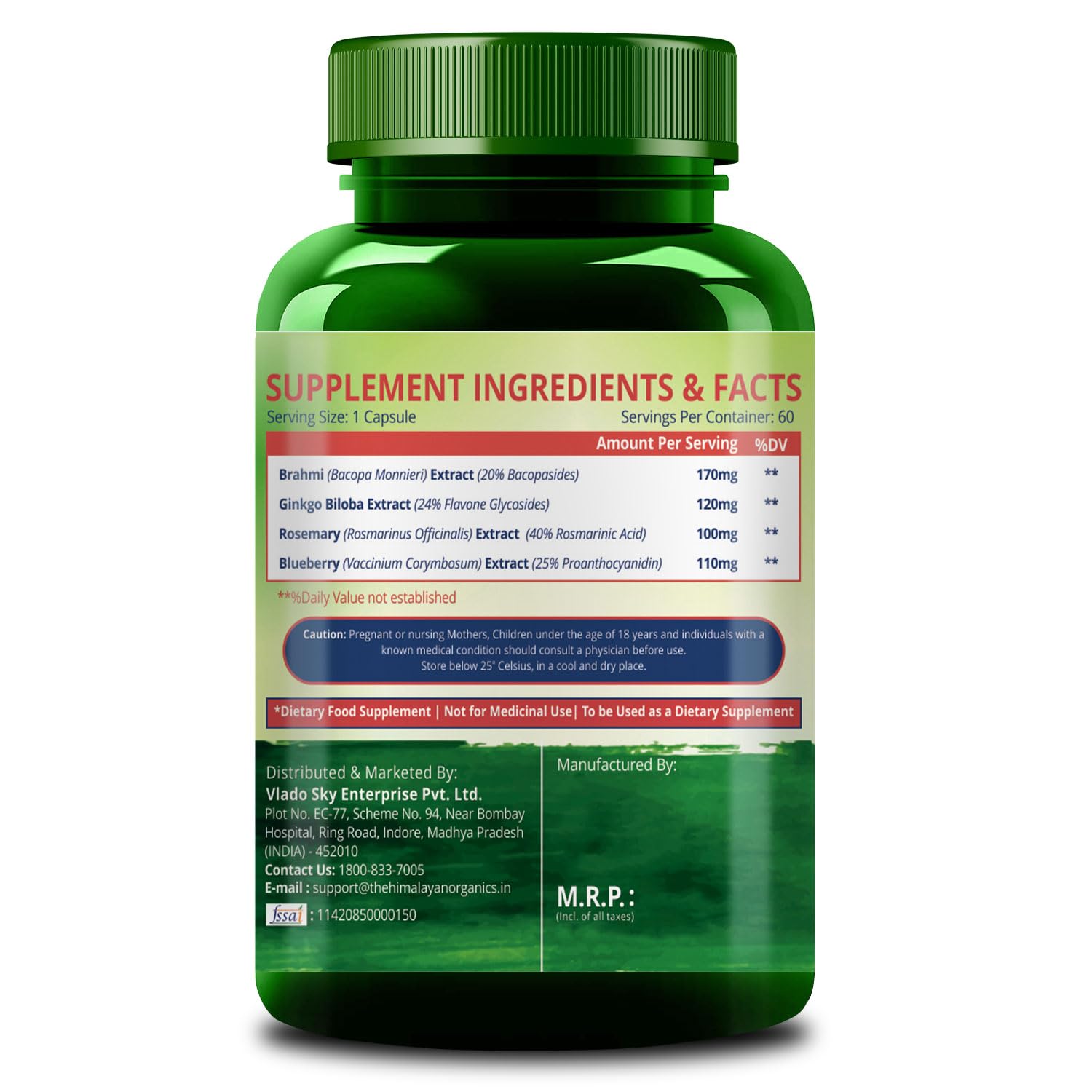 Himalayan Organics Plant Based Brain Booster Supplement With Ginkgo Biloba & Brahmi, Healthy Brain, Stress Relief, Improve Focus | 60 Veg Capsules 100gm 0.2lbs